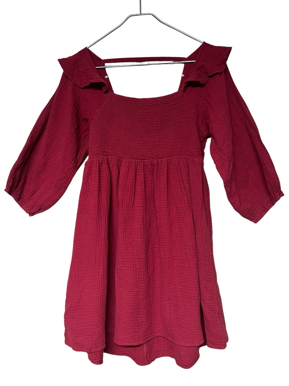 Umgee red gauzy cotton ruched bodice 3/4 puff sleeve babydoll mini dress